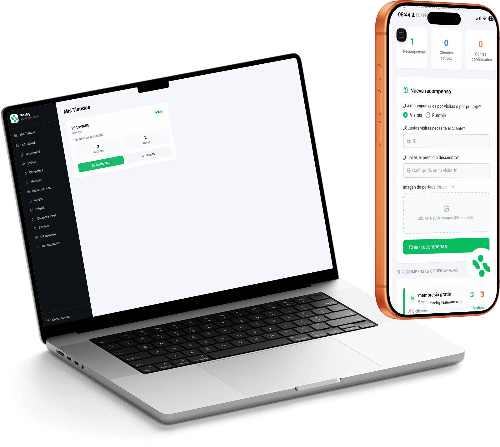 Fidelity en un portátil y un celular: panel de tiendas y formulario para crear una recompensa.